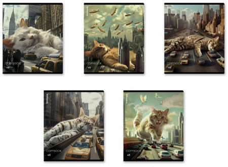 Тетрадь общая А5, 48 л. на скобе ErichKrause Big City Cats, 170*203 мм, клетка, ассорти