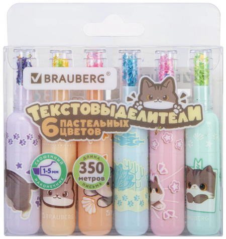 Набор маркеров-текстовыделителей Brauberg, 6 цветов, пастель, «Милые коты»