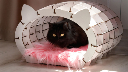 Конструктор-домик для кошки Ewa, 480*362*456 мм, 152 элемента, натуральный каркас — белый мех