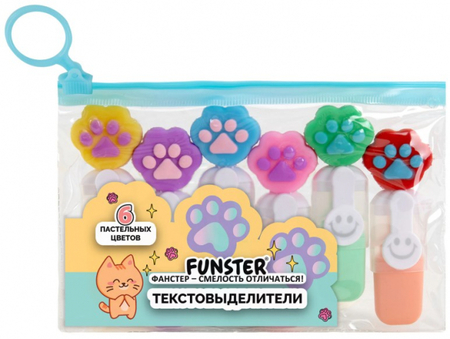 Набор маркеров-текстовыделителей Funster «Лапки», 6 цветов, пастель, с топперами Набор маркеров-текстовыделителей Funster «Лапки», 6 цветов, пастель, с топперами