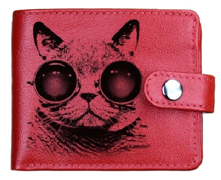Кошелек на кнопке из натуральной кожи, 11*8,5*1,5 см, «Кот в очках», красный