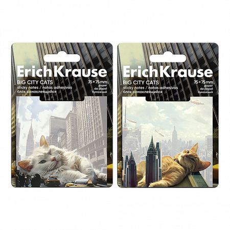 Бумага для заметок с липким краем ErichKrause, 75*75 мм, 1 блок*50 л., Big City Cats, ассорти Бумага для заметок с липким краем ErichKrause, 75*75 мм, 1 блок*50 л., Big City Cats, ассорти