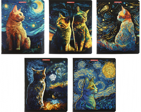 Тетрадь общая А5, 48 л. на скобе «Коты ночью», 165*203 мм, клетка, ассорти Тетрадь общая А5, 48 л. на скобе «Коты ночью», 165*203 мм, клетка, ассорти