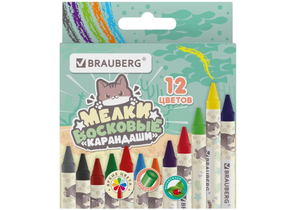 Мелки восковые Brauberg, 12 цветов, 12 шт., диаметр 8 мм, длина 90 мм, «Милые коты»
