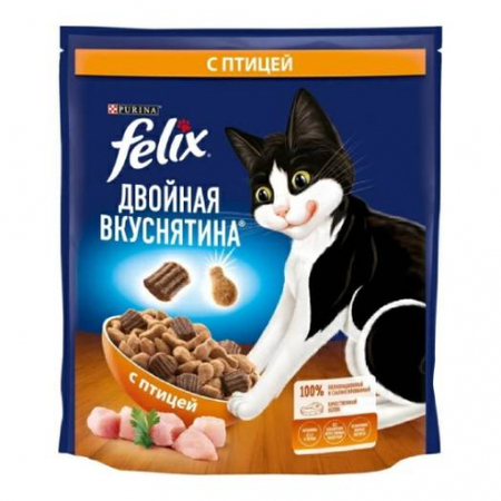 Корм сухой Purina Felix «Двойная вкуснятина» (для взрослых кошек), 600 г, с птицей