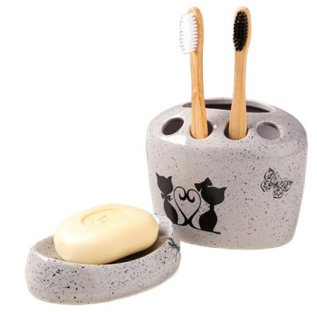 Набор для ванной керамический «Котики», 2 предмета, прованс, серый, деколь микс