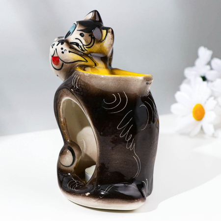 Подсвечник-аромалампа фарфоровый «Хитрый кот» (гжель), высота 14 см, тёмный микс
