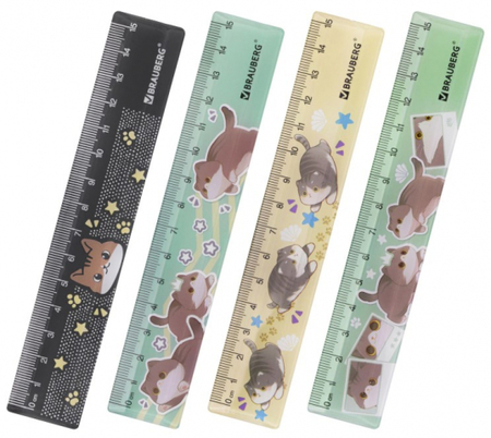 Линейка пластиковая Brauberg, 15 см, «Милые коты», ассорти
