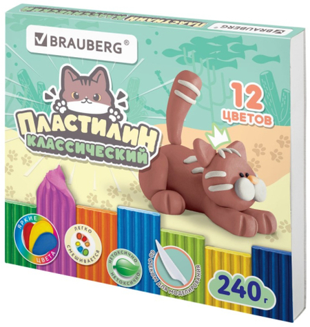 Пластилин классический Brauberg «Академия», 12 цветов, 240 г, со стеком, «Милые коты»