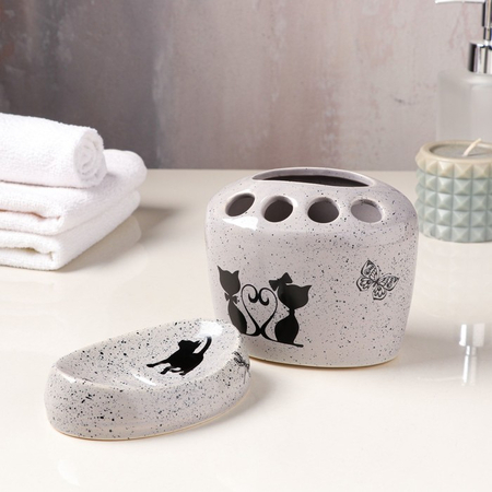 Набор для ванной керамический «Котики», 2 предмета, прованс, серый, деколь микс