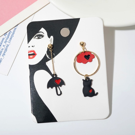 Серьги «Дождливый день» (зонт и кошка), 4,5*2 см, цвет красно-чёрный в золоте