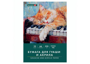 Бумага для гуаши и акрила в папке Brauberg Art Classic, А4 (210×297 мм), 10 л., 235 г/м², Art «Кот-музыкант»