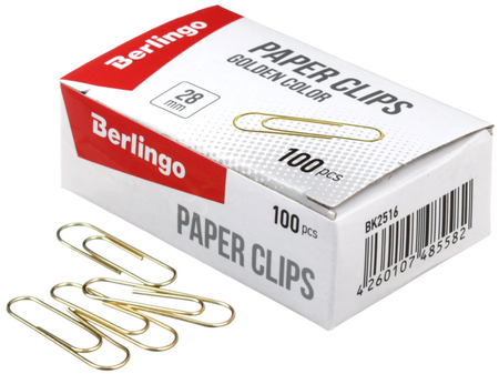 Скрепки проволочные Berlingo, 28 мм, 100 шт., округлые, золотистые Скрепки проволочные Berlingo, 28 мм, 100 шт., округлые, золотистые