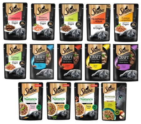 Корм влажный Sheba (для взрослых кошек), 75 г, ассорти