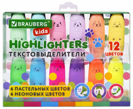 Набор маркеров-текстовыделителей Brauberg Kids, 12 цветов, Cute Cats