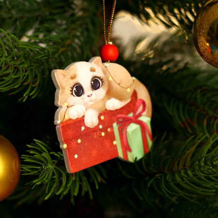 Подвеска новогодняя деревянная «Кот с подарочком», 6,7*6,1 см
