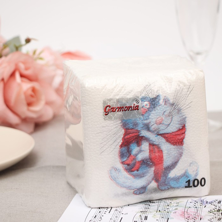 Салфетки бумажные однослойные «Влюблённые коты», 24*24 см, 100 л.