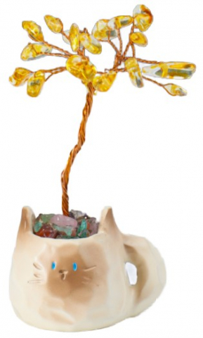 Дерево денежное декоративное «Сувенир бонсай», 12 жёлтых камней, 3,5*4,7*7,5 см, «Котик-кружка»