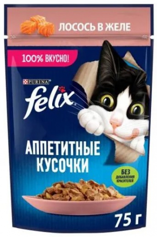 Корм влажный Purina Felix «Аппетитные кусочки» (для взрослых кошек) 75 г, лосось в желе