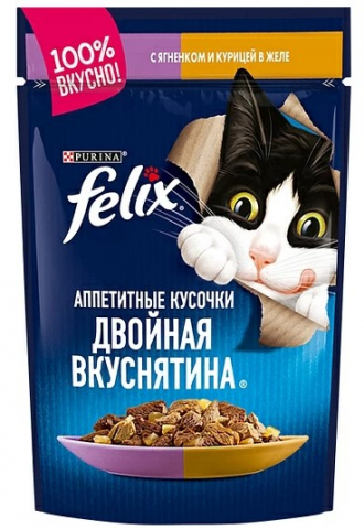 Корм влажный Purina Felix «Аппетитные кусочки» (для взрослых кошек) 75 г, ягненок и курица в желе