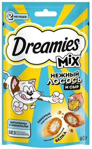 Лакомство Dreamies (для взрослых кошек), 60 г, «Микс: лосось, сыр»