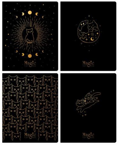 Тетрадь общая А5, 48 л. на скобе Meshu Black Cat, 163*205 мм, клетка, ассорти