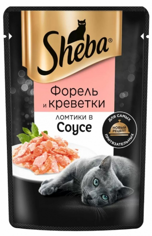 Корм влажный Sheba (для взрослых кошек) 75 г, «Ломтики в соусе. Форель и креветки»