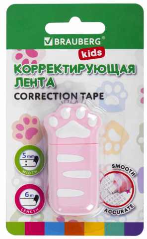 Корректирующий роллер Brauberg Kids 5 мм×6 м, «Лапки», корпус розовый