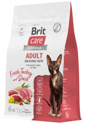 Корм сухой Brit Care Superpremium Cat Adult Delicious Taste (для взрослых привередливых кошек), 400 г, индейка с уткой