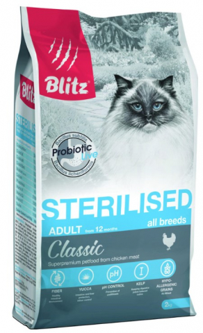 Корм сухой Blitz Sterilized (для стерилизованных кошек), 2 кг, с курицей