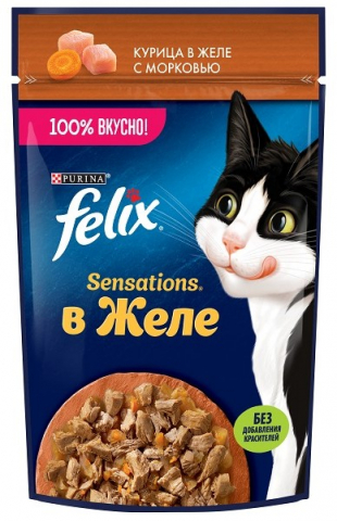 Корм влажный Purina Felix Sensations (для взрослых кошек) 75 г, с курицей и морковью в желе