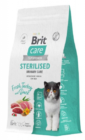 Корм сухой Brit Care Superpremium Sterilised Urinary Care (для профилактики МКБ у стерилизованных кошек), 1,5 кг, индейка и утка