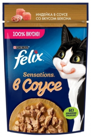 Корм влажный Purina Felix Sensations (для взрослых кошек), 75 г, с индейкой и беконом в соусе