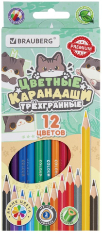 Карандаши цветные Brauberg Cute Cats, 12 цветов, трехгранные, длина 175 мм, «Милые коты»