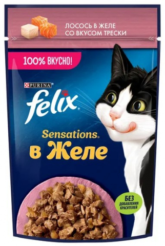 Корм влажный Purina Felix Sensations (для взрослых кошек), 75 г, с лососем и треской в желе Корм влажный Purina Felix Sensations (для взрослых кошек), 75 г, с лососем и треской в желе