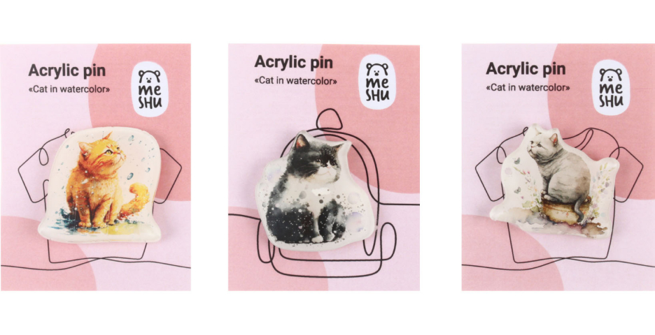 Набор значков акриловых Meshu 3 шт., Cats In Watercolor