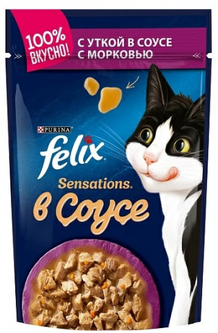 Корм влажный Purina Felix Sensations (для взрослых кошек), 75 г, с уткой и морковью в соусе