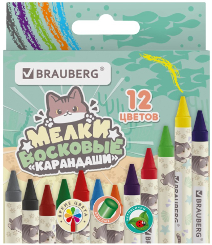 Мелки восковые Brauberg, 12 цветов, 12 шт., диаметр 8 мм, длина 90 мм, «Милые коты» Мелки восковые Brauberg, 12 цветов, 12 шт., диаметр 8 мм, длина 90 мм, «Милые коты»