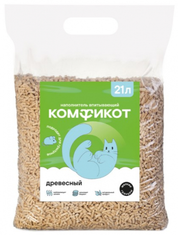 Наполнитель древесный впитывающий «Комфикот», 21 л (7 кг), мелкие гранулы