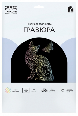 Набор для творчества «Гравюра. Три совы» А4, «Кошка. Антистресс», с голографическим эффектом