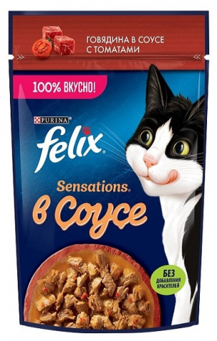 Корм влажный Purina Felix «Аппетитные кусочки» (для взрослых кошек), 75 г, говядина и томаты в соусе