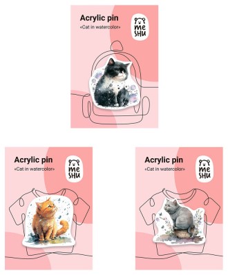 Значок акриловый Meshu Cats In Watercolor, ассорти
