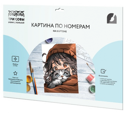 Картина по номерам на картоне «Три совы» 30×40 см, «Аниме девочка с котом»