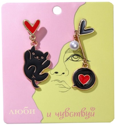 Серьги с жемчугом «Котик» (с сердечками), цвет чёрно-красный в золоте
