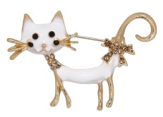 Брошь «Кошка», 4,5 см, «Кокетливая с бантом», цвет белый в кофейном золоте