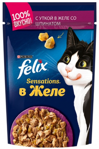 Корм влажный Purina Felix Sensations (для взрослых кошек), 75 г, c уткой и шпинатом в желе