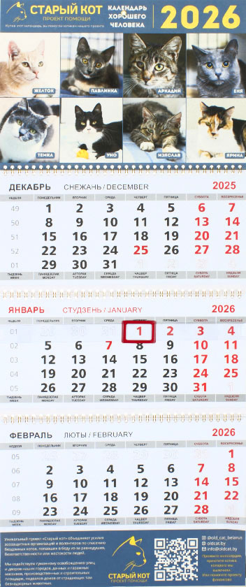 «Календарь хорошего человека» на 2026 год (квартальный настенный трехрядный), 29,5*72 см (благотворительный)