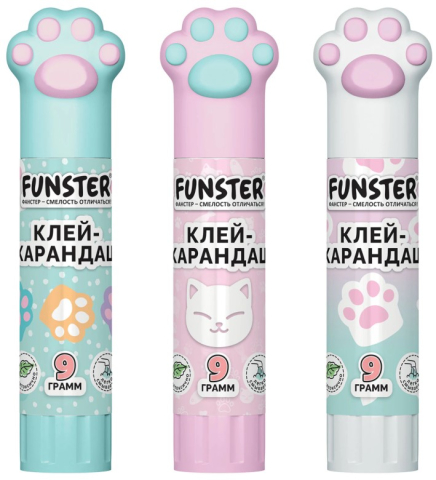 Клей-карандаш Funster, 9 г, «Кошачьи лапки», ассорти