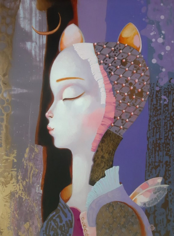 Картина «Сфинкс-1» (Ткаченко В.В.), 50*37 см, фанера, стеклохолст, акрил, масло, искусственное золото