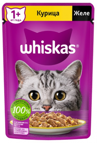 Корм влажный Whiskas (для взрослых кошек) 75 г, желе с курицей